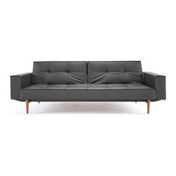 "Innovation" Splitback Black Leather Textile Sofa Bed / Arms / Dark Wood Legs - Sofas
