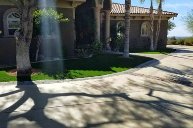 Large traditional brown two-story mixed siding exterior home idea in San Diego with a tile roof