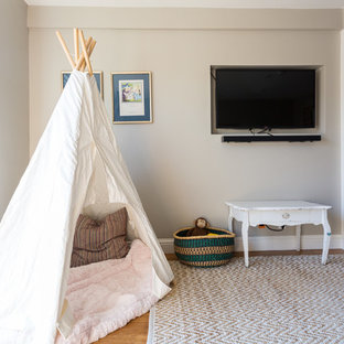 サンフランシスコの中サイズのトランジショナルスタイルのおしゃれな地下室 (半地下 (ドアあり)、グレーの壁、竹フローリング) の写真