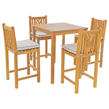 5 Piece Teak Wood Chippendale Bistro Bar Set With 35" Table and 4 Barstools