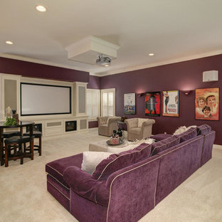 Photo of a large traditional home cinema in Sacramento with purple walls and carpet.