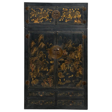 Chinese Distressed Black Golden Scenery Moon Face Compound Cabinet Hcs7191