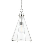 Hudson Valley Lighting - Eldridge 1-Light Pendant Conical Polished Nickel - Eldridge is a minimalist cage pendant with maximum style. Light pours through the glass shade and allows the lamp socket within to shine. Available in a conical and a dome shape with Aged Brass, Old Bronze or Polished Nickel finishes, these pendants suspend from gorgeously detailed hook and loop chains.