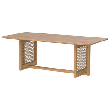 Unique Coffee Table, Trestle Base With Rattan Accents & Rectangular Top, Natural
