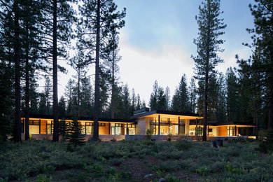 Large contemporary gray three-story stone exterior home idea in San Francisco with a metal roof