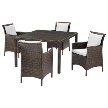 Side Dining Chair and Table Set, Rattan, Wicker, Brown White, Modern, Outdoor