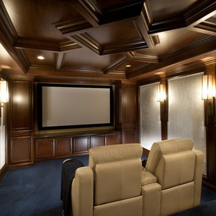 Example of a mid-sized classic carpeted and blue floor home theater design in San Diego with a wall-mounted tv