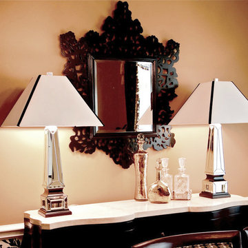 Mirrored Buffet Lamps on Marble Credenza