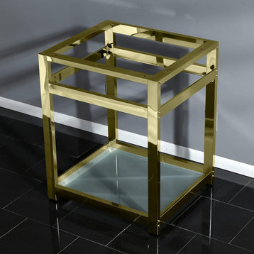 Modern Console Sink Base, Metal Construction With Glass Shelf, Brushed Brass