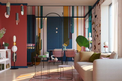 Пример оригинального дизайна: открытая гостиная комната среднего размера с с книжными шкафами и полками, разноцветными стенами, паркетным полом среднего тона и бежевым полом без телевизора