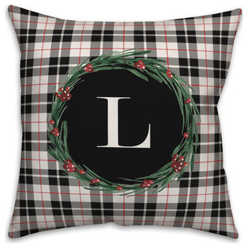 Black Plaid Monogram Wreath L 18x18 Spun Poly Pillow