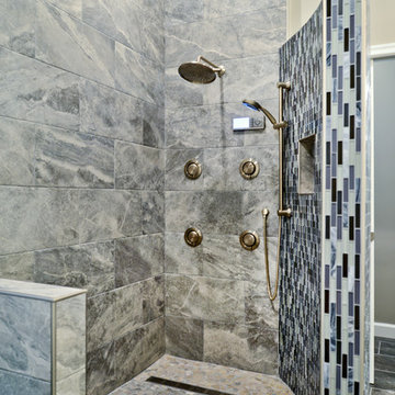 Elegant Curved Shower Highlights New Spacious Master Bath