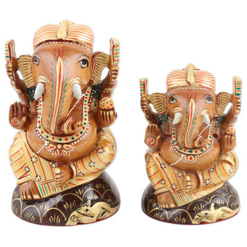 Novica Handmade Imperial Ganesha Gold-Accented Wood Statuettes (Pair)