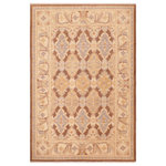 Bareens Designer Rugs - Classic Ziegler Maxima Brown Beige Hand-Knotted Wool Rug - 6'0'' x 8'10'' - Enhance the ambiance of your home with this magnificent Persian-influenced Turkish hand-knotted rug made by skilled artisans capable of creating the most exceptional vegetable dyes and hand-spun wool. This exquisite handmade rug is a one-of-a-kind Peshawar Kafkaz, otherwise identified as Chobi, Chobi Peshawar, Oushak, or Ziegler rug. These handmade rugs are crafted in Pakistan utilizing superior-quality wool imported from Australia, New Zealand, and Korea in two types of weaves: the Persian weave and the Mori weave. This rug is meticulously crafted by hand using the finest natural vegetable dyes extracted from local plants. The artisans use a blend of hand-spun local and fine merino wool, resulting in a rug with a compelling texture, higher lanolin content, and longer staple. The artisans occasionally incorporate natural or artificial silk into the pile to enhance specific motifs. The finished product is an awe-inspiring execution of flawless design and an understated palette that exudes elegance.