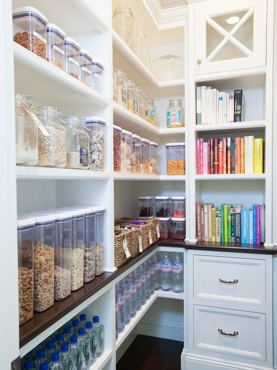 Mid-sized traditional kitchen pantry designs - Example of a mid-sized classic kitchen pantry design in San Diego with open cabinets and white cabinets