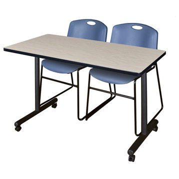 48" x 24" Kobe Mobile Training Table- Maple & 2 Zeng Stack Chairs- Blue