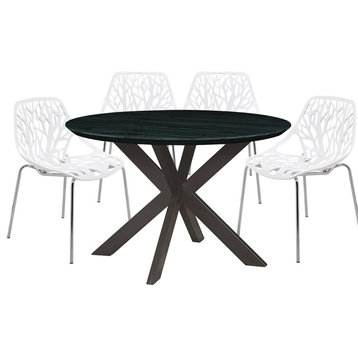 Leisuremod Ravenna 5-Piece Dining Set, Table With Geometric Base, White