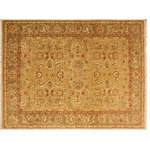 Bareens Designer Rugs - Classic Ziegler Tonja Tan Brown Hand-Knotted Wool Rug - 5'6'' x 6'7'' - Enhance the ambiance of your home with this magnificent Persian-influenced Turkish hand-knotted rug made by skilled artisans capable of creating the most exceptional vegetable dyes and hand-spun wool. This exquisite handmade rug is a one-of-a-kind Peshawar Kafkaz, otherwise identified as Chobi, Chobi Peshawar, Oushak, or Ziegler rug. These handmade rugs are crafted in Pakistan utilizing superior-quality wool imported from Australia, New Zealand, and Korea in two types of weaves: the Persian weave and the Mori weave. This rug is meticulously crafted by hand using the finest natural vegetable dyes extracted from local plants. The artisans use a blend of hand-spun local and fine merino wool, resulting in a rug with a compelling texture, higher lanolin content, and longer staple. The artisans occasionally incorporate natural or artificial silk into the pile to enhance specific motifs. The finished product is an awe-inspiring execution of flawless design and an understated palette that exudes elegance.