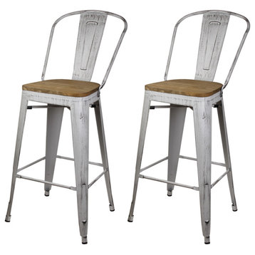 Antique White High Back Metal Barstools With Wooden Seat, Set of 2