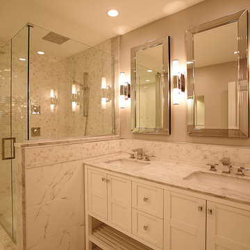 Contemporary Bathroom Vanity with Marble Countertops and Designer Lighting