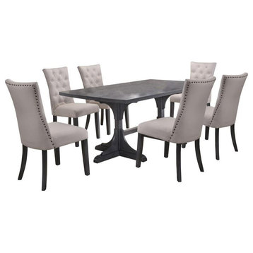 7pc Gray Wood Dining Set with Light Gray Linen Fabric Seats