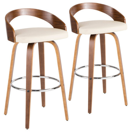 Grotto Mid-Century Modern Barstool, Walnut/Cream Faux Leather, Set of 2