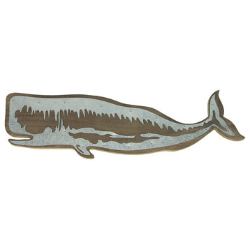 21 Inch Left-Facing Distressed Wooden Sperm Whale Wall Plaque With Metal Accent