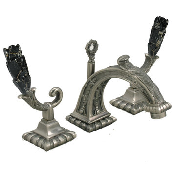 Widespread Lavatory Set With Nero Marquina Marble Accents, Pewter