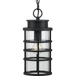 Progress Lighting - Port Royal Collection 1-Light Hanging Lantern with DURASHIELD - This hanging lantern distills both industrial and artisan influences with its signature ribbed black frame constructed from durable corrosion-resistant, composite polymer. Inside the ribs rests an elongated, clear glass shade that adds to the light fixture's modern flair. The design's blend of industrial and coastal inspiration makes it a perfect light fixture for updating your favorite spaces in and around your home. DURASHIELD by Progress Lighting is built to last. Constructed from a composite material with UV protection, DURASHIELD holds up even in the harshest weather conditions. This high-performance finish has a 5-year warranty and is resistant to rust, corrosion, and fading.
