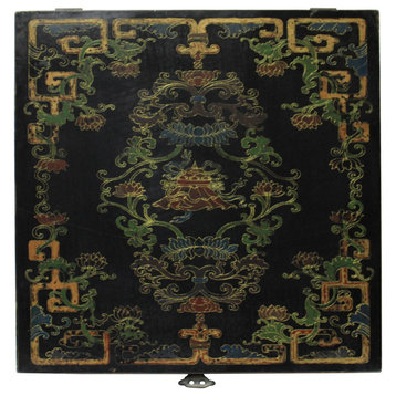 Chinese Distressed Black Lacquer Treasure Symbol Graphic Square Box Hcs5661