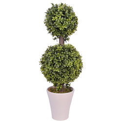 Transitional Artificial Plants And Trees Artificial Double Ball Boxwood Topiary in White Ceramic Vase