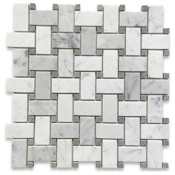 Carrara Venato Marble 1x2 Basketweave Mosaic Tile Gray Dots Polished, 1 sheet