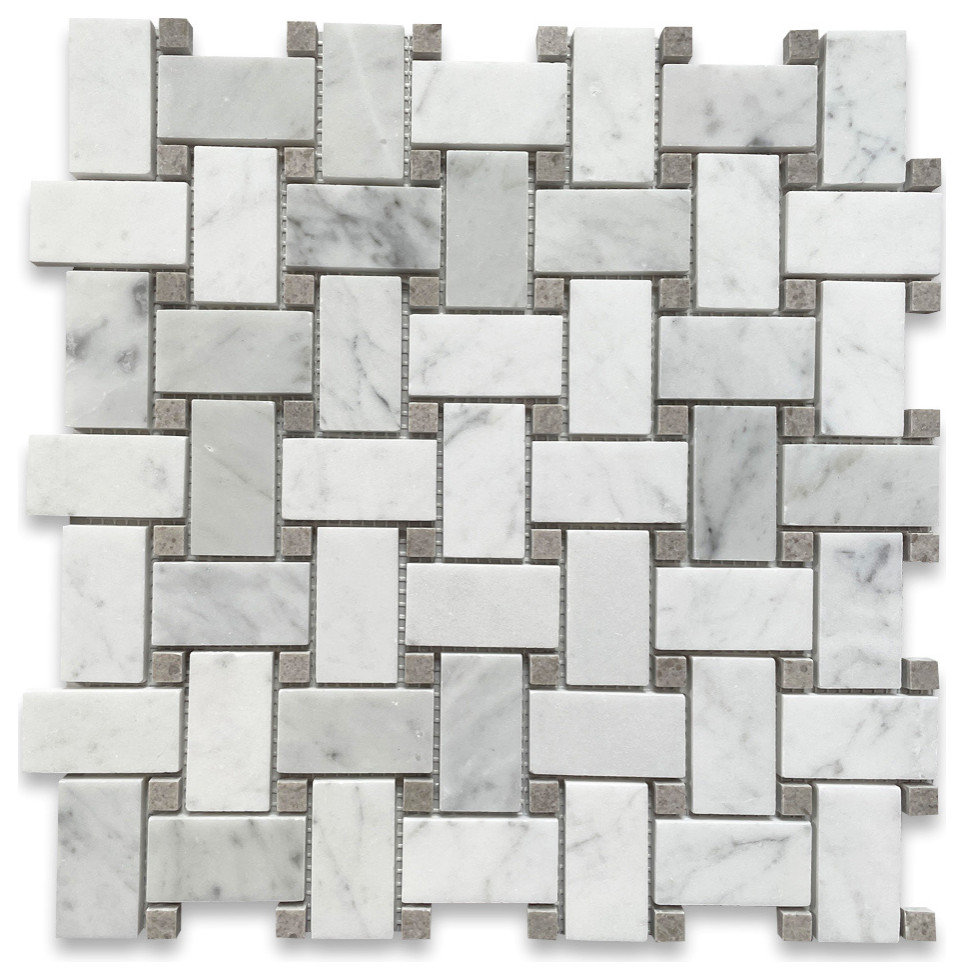 Carrara Venato Marble 1x2 Basketweave Mosaic Tile Gray Dots Polished, 1 sheet