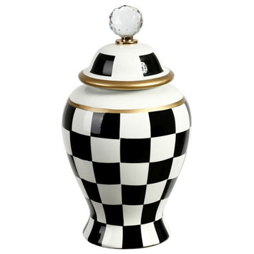 Mark Roberts Spring 2022 Checkered Urn with Lid, Small, 11.5", Black/White