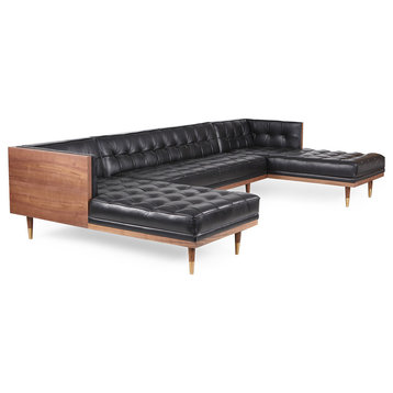 Woodrow Modern Box Sofa U-Shaped Chaise Sectional, Premium Leather, Black/Walnut