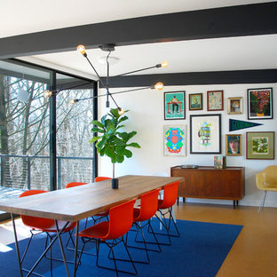 Mittelgroßes Mid-Century Esszimmer mit weißer Wandfarbe, Korkboden und braunem Boden in Philadelphia