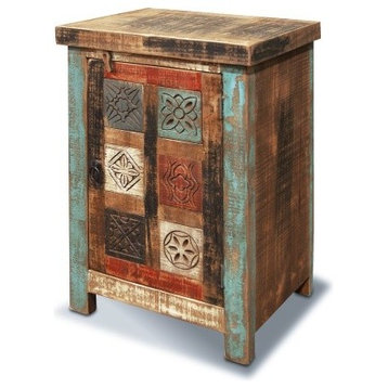 La Boca Rustic Distressed Hand Carved Wood End Table Night Stand Cabinet