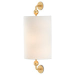 Currey & Company - Tavey Gold Wall Sconce - Tiny globes ornament the arms that affix the off-white linen shade to the Tavey Gold Wall Sconce. Made of wrought iron in a contemporary gold leaf finish, the stylish gold sconce meets ADA requirements. We also offer the Tavey in a silver wall sconce covered in a contemporary silver leaf finish.