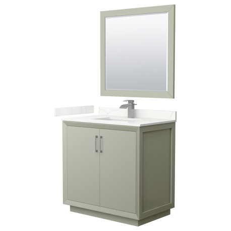 Strada 36" Green Single Vanity, Quartz Top, 1-Hole, Nickel Trim, 34" Mirror