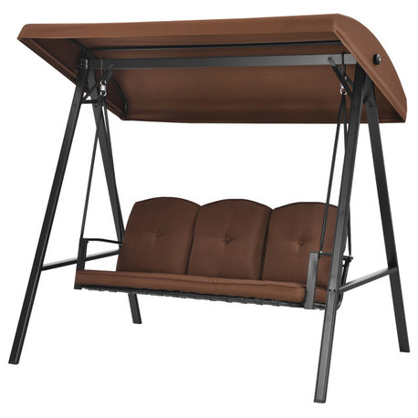 Costway Outdoor 3-Seat Porch Swing with Adjust Canopy and Cushions Brown