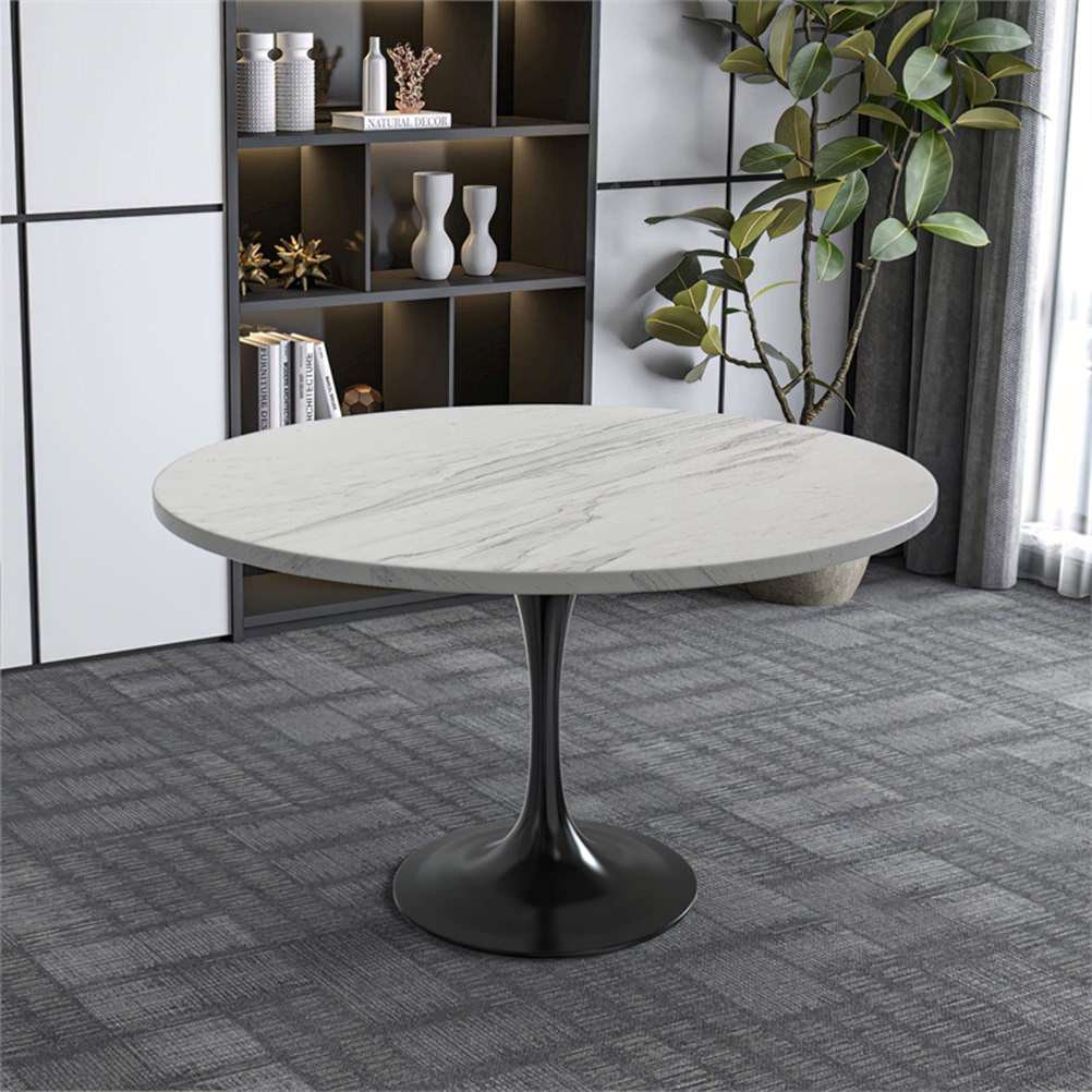 LeisureMod Verve Round Dining Table with White Resin Top and Black Base ...