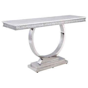 End Table, White Printed Faux Marble and Mirrored Silver Finish