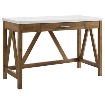 Pemberly Row 46" A-Frame Desk with Natural Walnut Base and White Marble Top