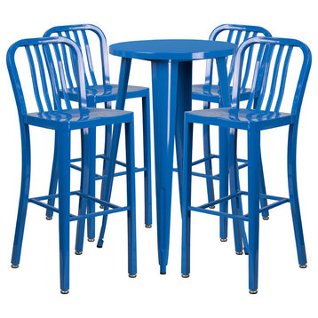 Flash Commercial 24" Round Blue Metal Bar Table Set & 4 Vertical Slat Stools