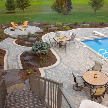 Multi-Purpose Patio: Paver patio with pool, fire pit, seating areas