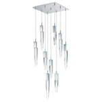 ET2 Lighting - Quartz LED 9-Light Pendant - Stalactites of Clear Beveled crystal suspend from your choice of Polished Chrome or Black supports, can be hung at various heights to create a spectacular array. The crystal shimmers as light diffuses through the facets powered by 90 CRI LED dimmable modules.