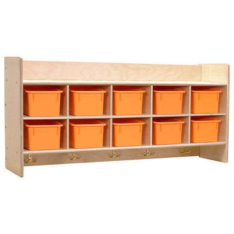 10 Section Wood Cubbies Storage, Orange Bins, Wall Hanging Organizers