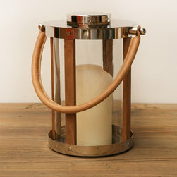Brucs Round Steel Wood And Glass Lantern - Candle Holders & Candelabra