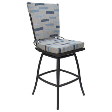 Outdoor Patio Bar Stool Jamey Without Arms, Block Weave Blue Beige Gray, 26"