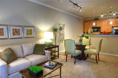 Mid-sized transitional open concept carpeted and beige floor living room photo in Dallas with beige walls